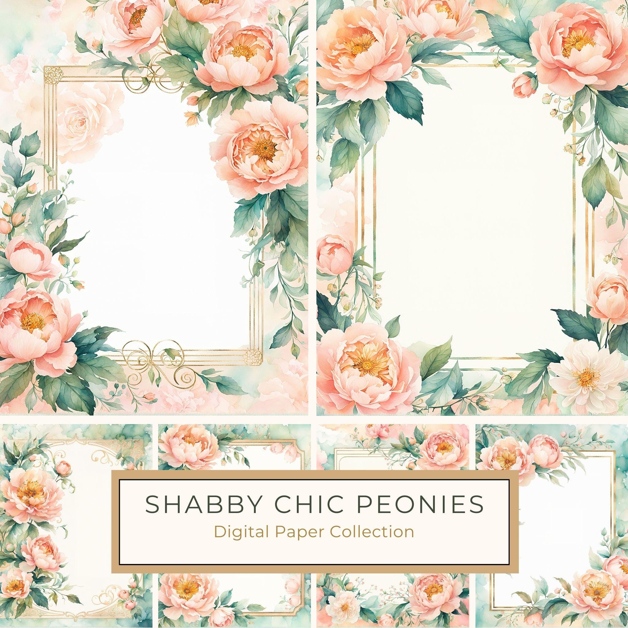 Watercolor Peony Floral Frames: Blush Pink Wedding Card Backgrounds (Digital Paper Set)