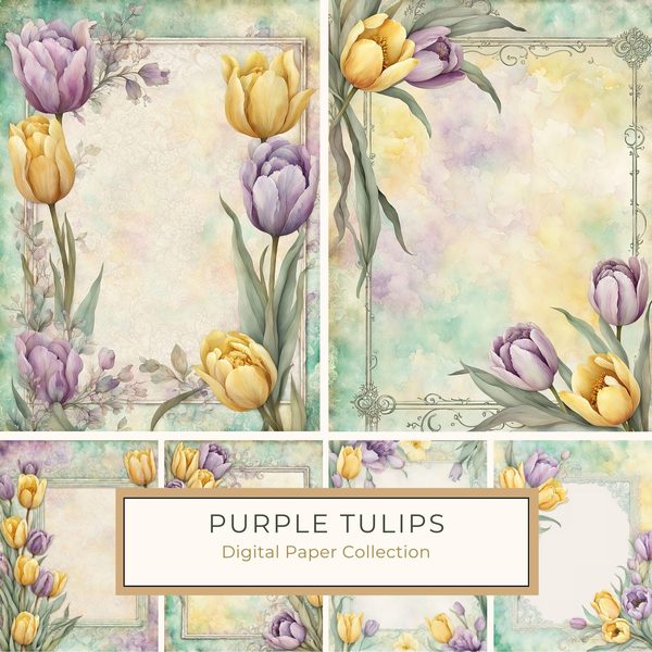 Watercolor Tulip Frame: Lavender & Yellow Floral Border (10 JPG Digital Paper)