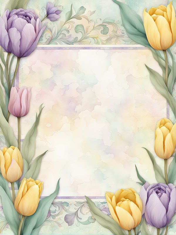 Watercolor Tulip Frame: Lavender & Yellow Floral Border (10 JPG Digital Paper) — image 1