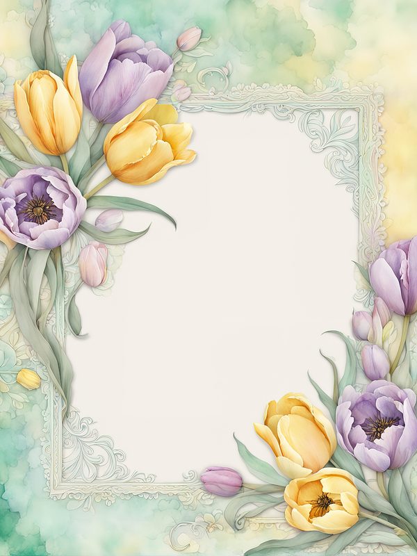 Watercolor Tulip Frame: Lavender & Yellow Floral Border (10 JPG Digital Paper) — image 2