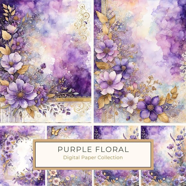 Watercolor Purple Floral Digital Paper: Gold Accents (10 JPG) (Commercial Use)