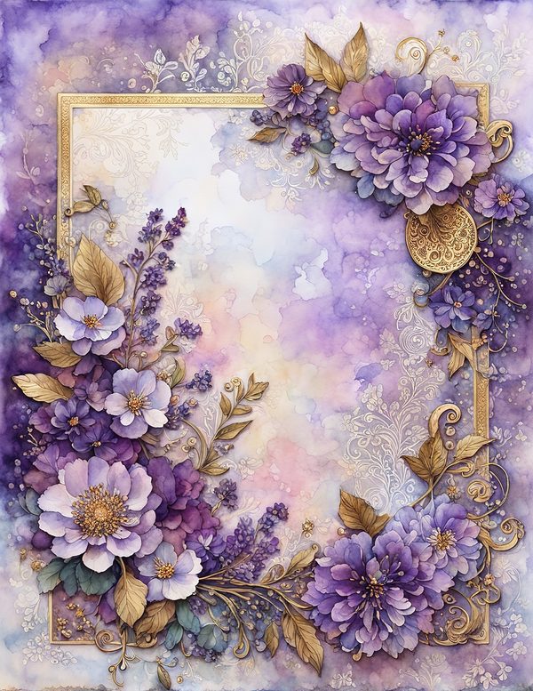 Watercolor Purple Floral Digital Paper: Gold Accents (10 JPG) (Commercial Use) — image 1
