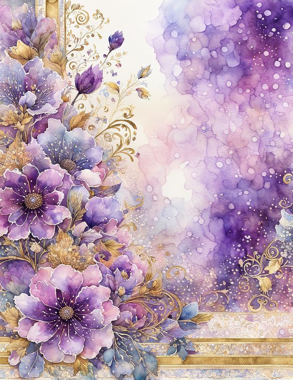 Watercolor Purple Floral Digital Paper: Gold Accents (10 JPG) (Commercial Use) — image 2