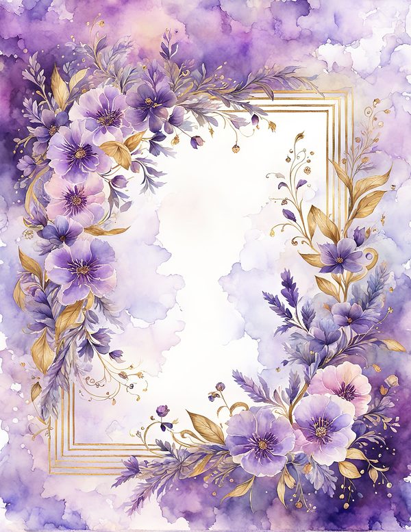 Watercolor Purple Floral Digital Paper: Gold Accents (10 JPG) (Commercial Use) — image 3