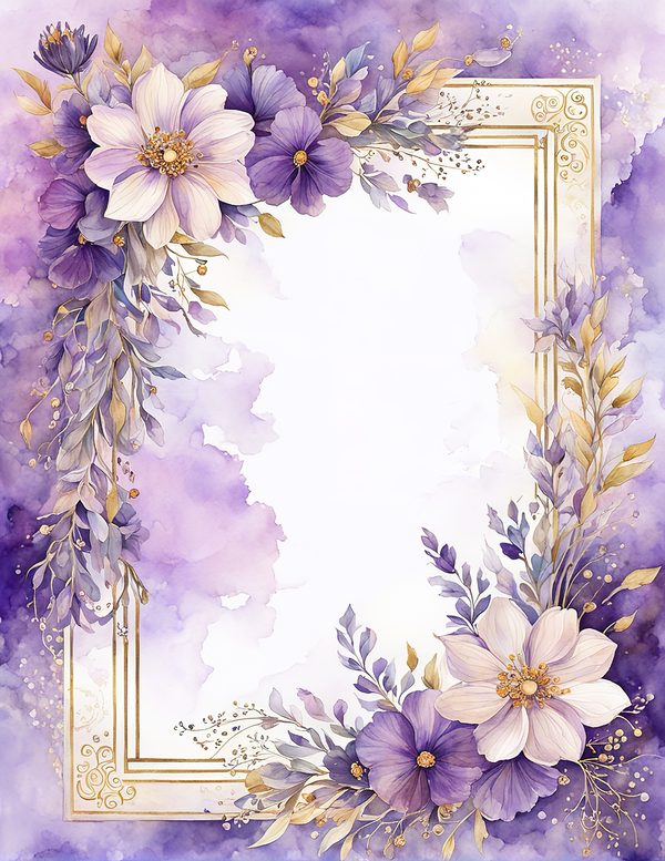 Watercolor Purple Floral Digital Paper: Gold Accents (10 JPG) (Commercial Use) — image 4