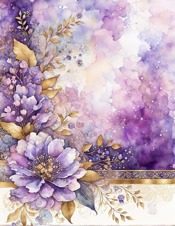Watercolor Purple Floral Digital Paper: Gold Accents (10 JPG) (Commercial Use) — image 5