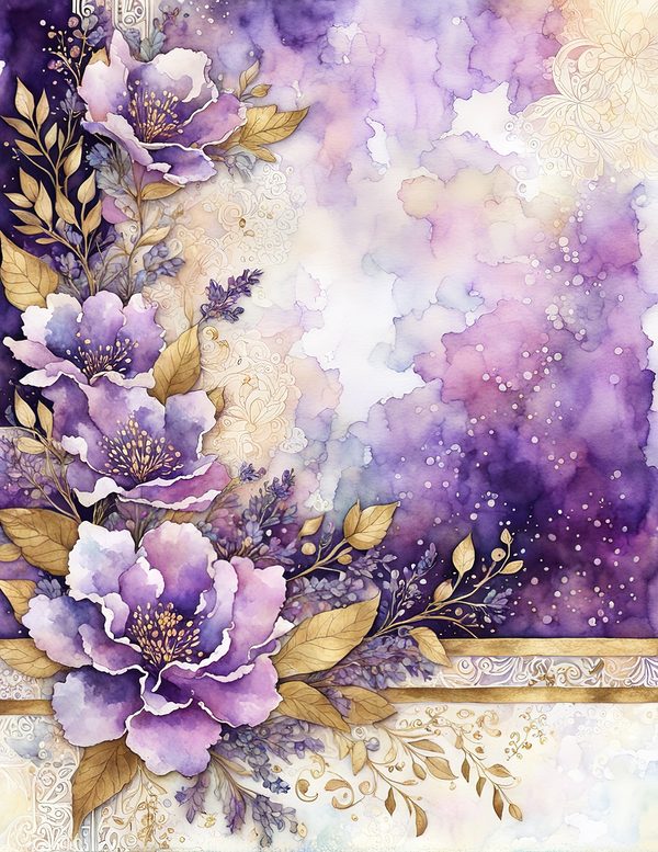 Watercolor Purple Floral Digital Paper: Gold Accents (10 JPG) (Commercial Use) — image 6