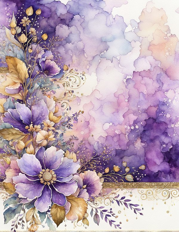 Watercolor Purple Floral Digital Paper: Gold Accents (10 JPG) (Commercial Use) — image 7