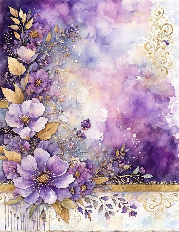 Watercolor Purple Floral Digital Paper: Gold Accents (10 JPG) (Commercial Use) — image 8