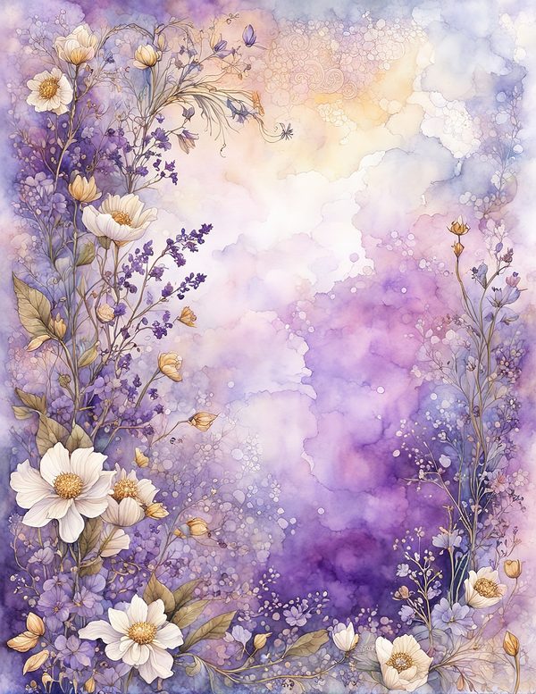 Watercolor Purple Floral Digital Paper: Gold Accents (10 JPG) (Commercial Use) — image 9