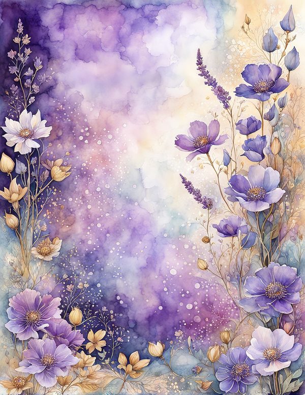 Watercolor Purple Floral Digital Paper: Gold Accents (10 JPG) (Commercial Use) — image 10