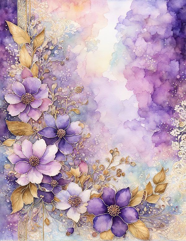 Watercolor Purple Floral Digital Paper: Gold Accents (10 JPG) (Commercial Use) — image 12