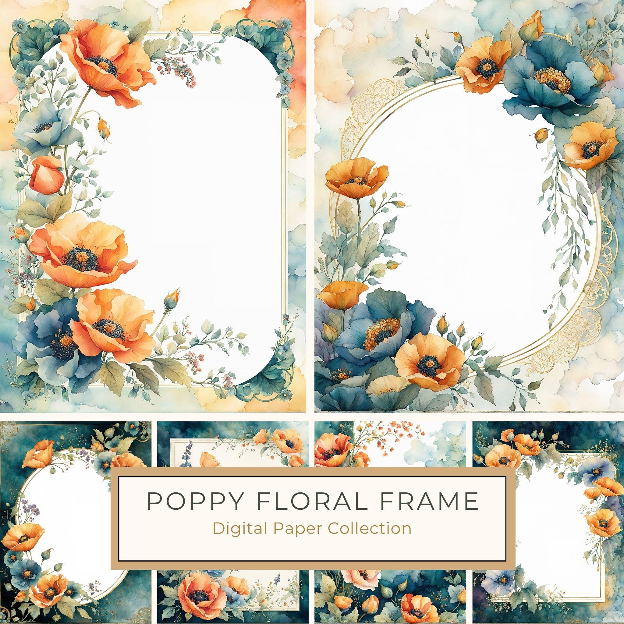Watercolor Poppy Frame Digital Paper: Teal & Orange Floral Border (JPG)