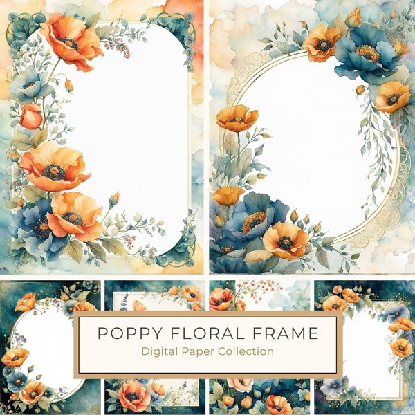Watercolor Poppy Frame Digital Paper: Teal & Orange Floral Border (JPG)