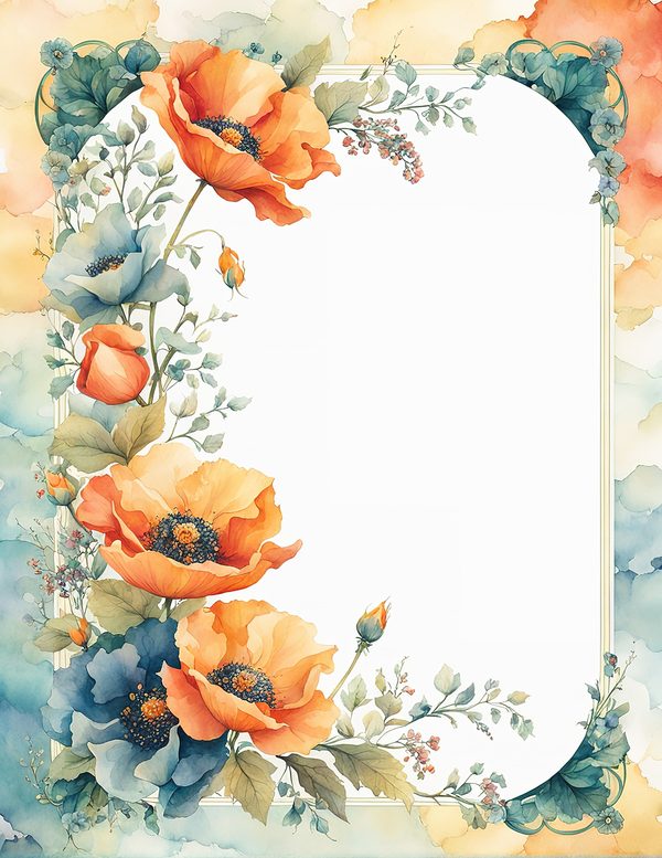 Watercolor Poppy Frame Digital Paper: Teal & Orange Floral Border (JPG) — image 1