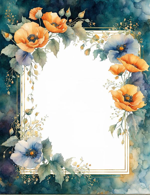 Watercolor Poppy Frame Digital Paper: Teal & Orange Floral Border (JPG) — image 2