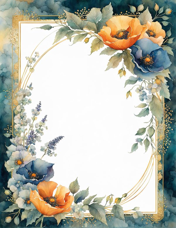 Watercolor Poppy Frame Digital Paper: Teal & Orange Floral Border (JPG) — image 3