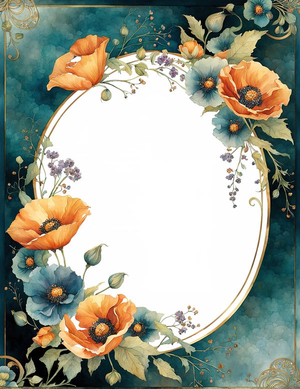 Watercolor Poppy Frame Digital Paper: Teal & Orange Floral Border (JPG) — image 4