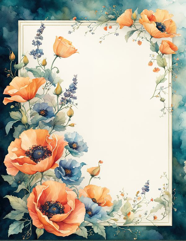 Watercolor Poppy Frame Digital Paper: Teal & Orange Floral Border (JPG) — image 5