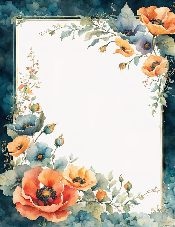 Watercolor Poppy Frame Digital Paper: Teal & Orange Floral Border (JPG) — image 6
