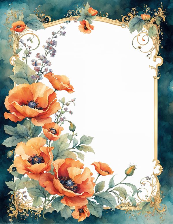 Watercolor Poppy Frame Digital Paper: Teal & Orange Floral Border (JPG) — image 7