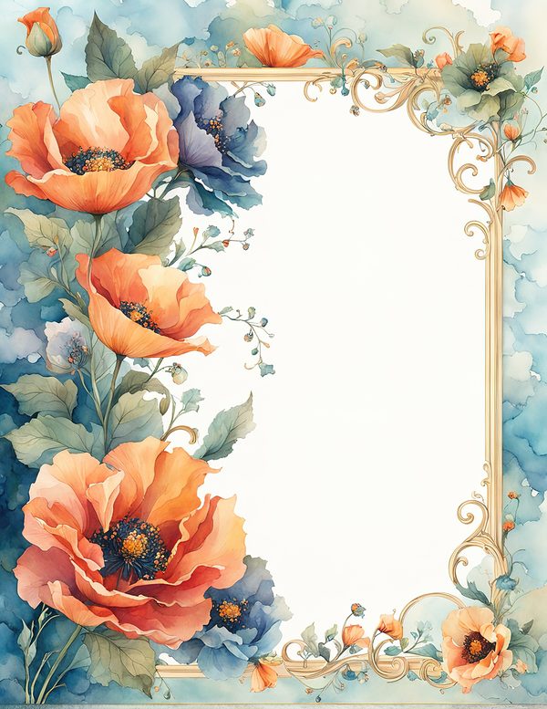 Watercolor Poppy Frame Digital Paper: Teal & Orange Floral Border (JPG) — image 8
