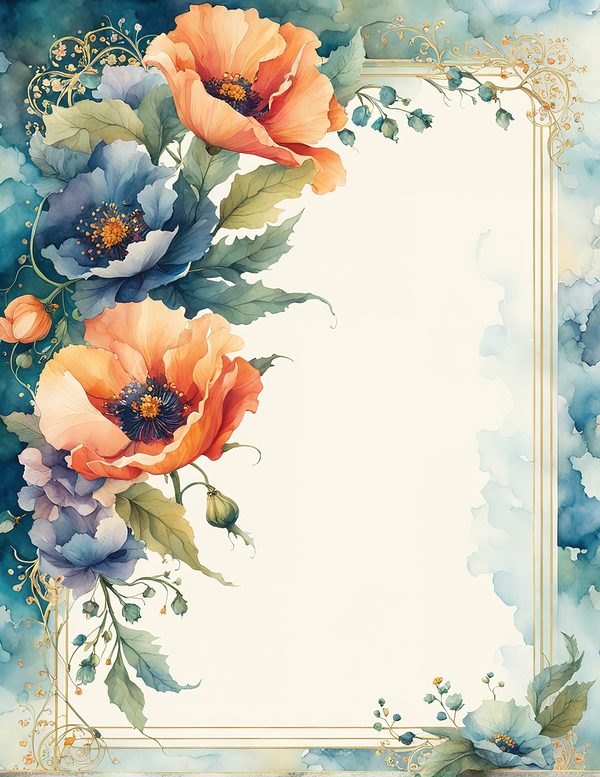 Watercolor Poppy Frame Digital Paper: Teal & Orange Floral Border (JPG) — image 9