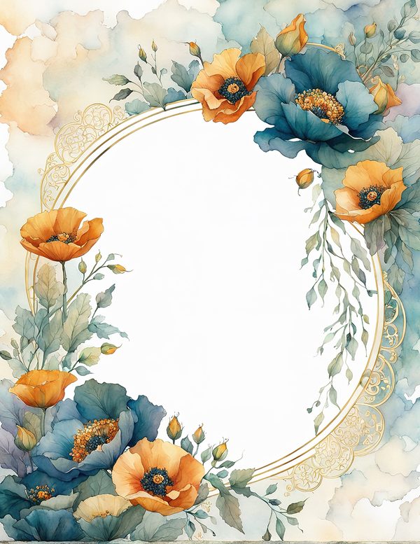Watercolor Poppy Frame Digital Paper: Teal & Orange Floral Border (JPG) — image 10