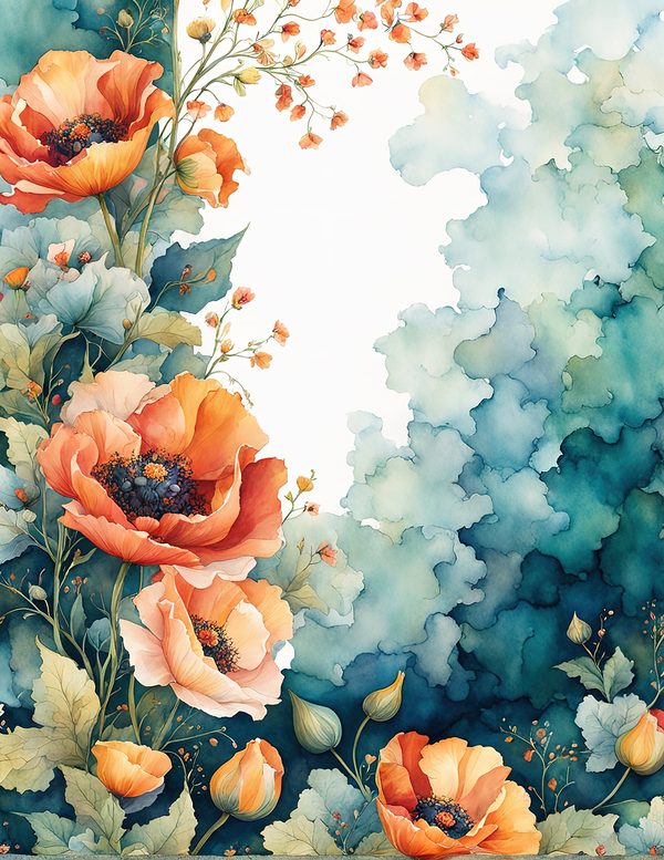 Watercolor Poppy Frame Digital Paper: Teal & Orange Floral Border (JPG) — image 11