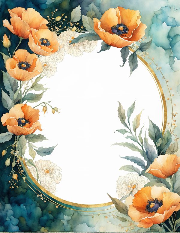 Watercolor Poppy Frame Digital Paper: Teal & Orange Floral Border (JPG) — image 12