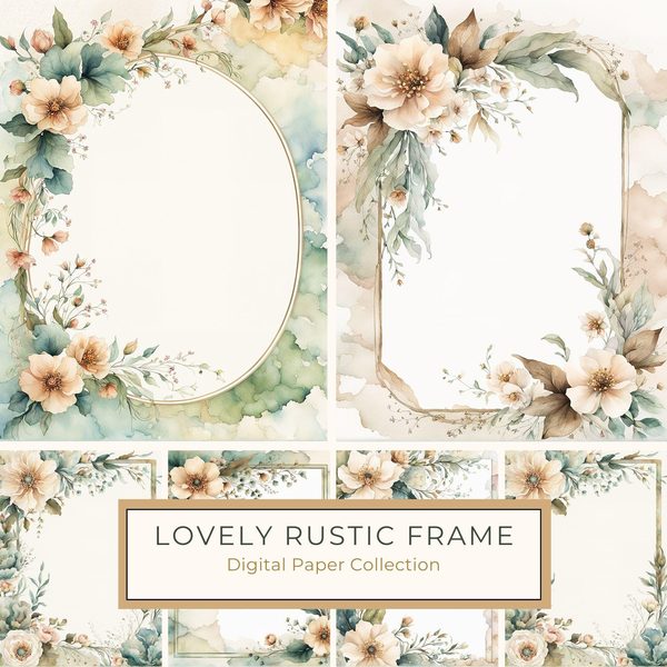 Watercolor Floral Frame Digital Paper: Sage Green & Beige (10 JPGs) (Commercial Use)