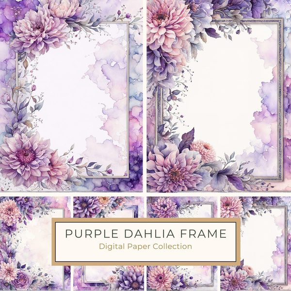 Watercolor Purple Dahlia Digital Paper: Floral Scrapbook Designs (10 JPGs)