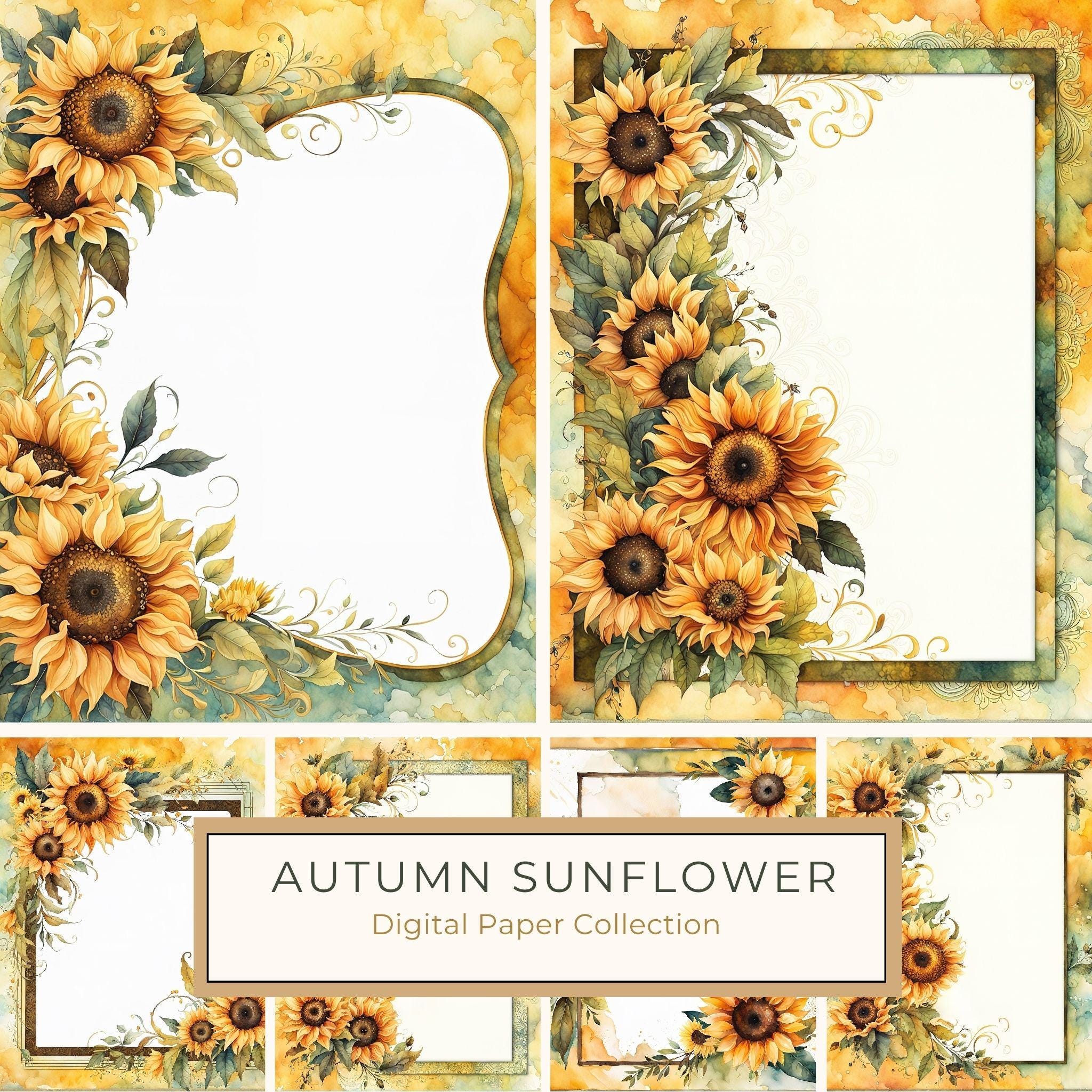 Watercolor Autumn Sunflower Digital Paper: Scrapbook & Wedding (10 JPGs)
