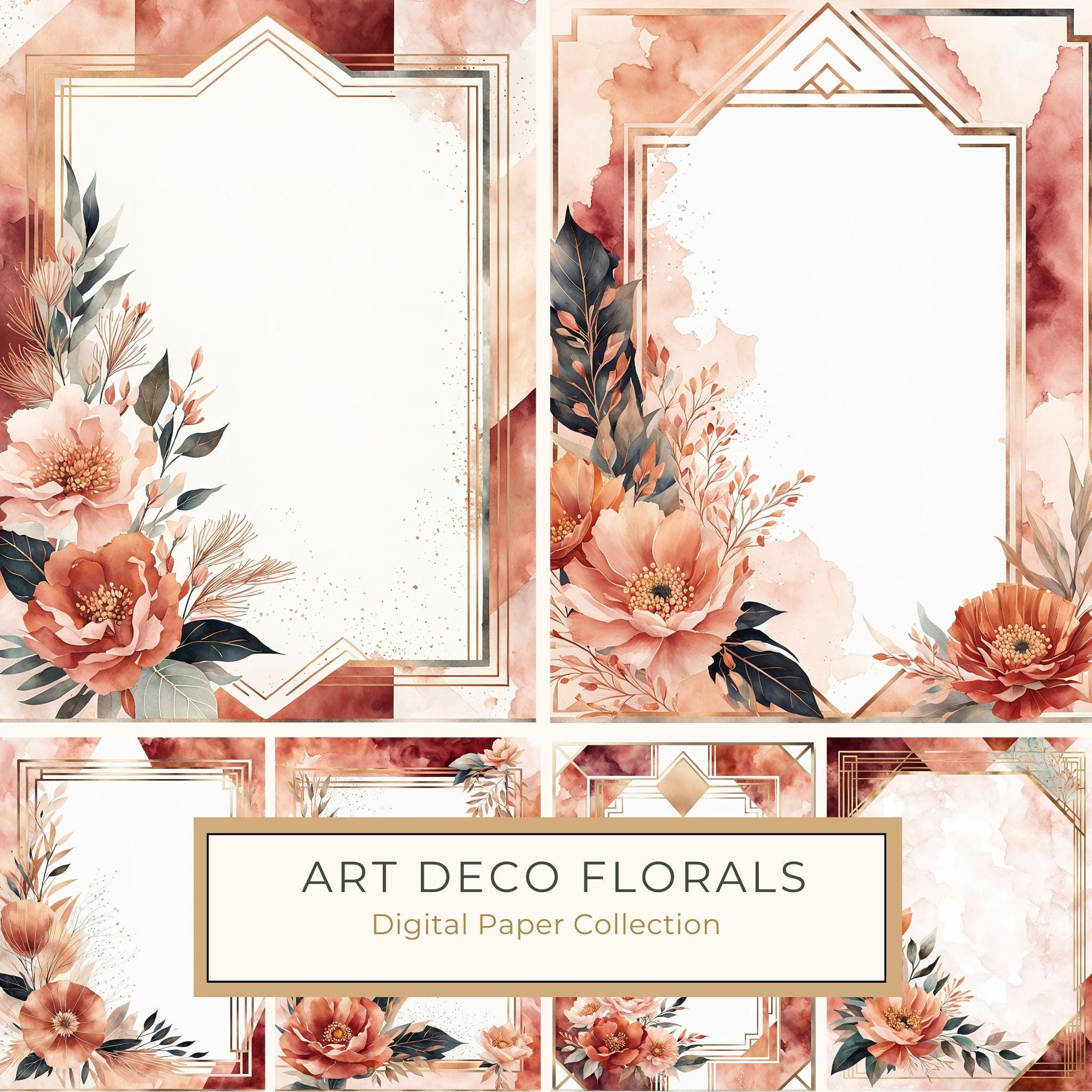 Watercolor Cosmos Art Deco Floral Frames: Digital Paper Pack (10 JPGs)