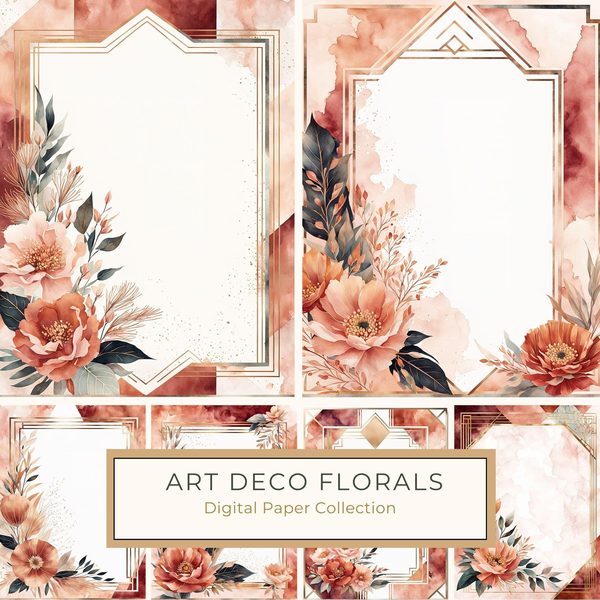 Watercolor Cosmos Art Deco Floral Frames: Digital Paper Pack (10 JPGs)