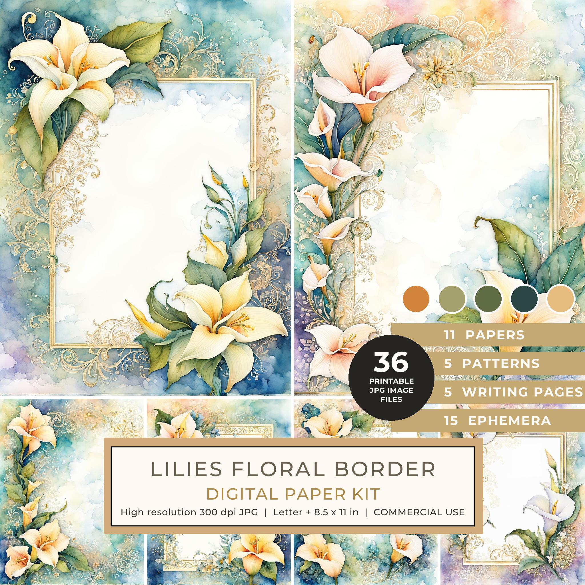 Lilies Floral Border Watercolor Digital Paper Kit: Printable Papers, Cards, Tags, Ephemera