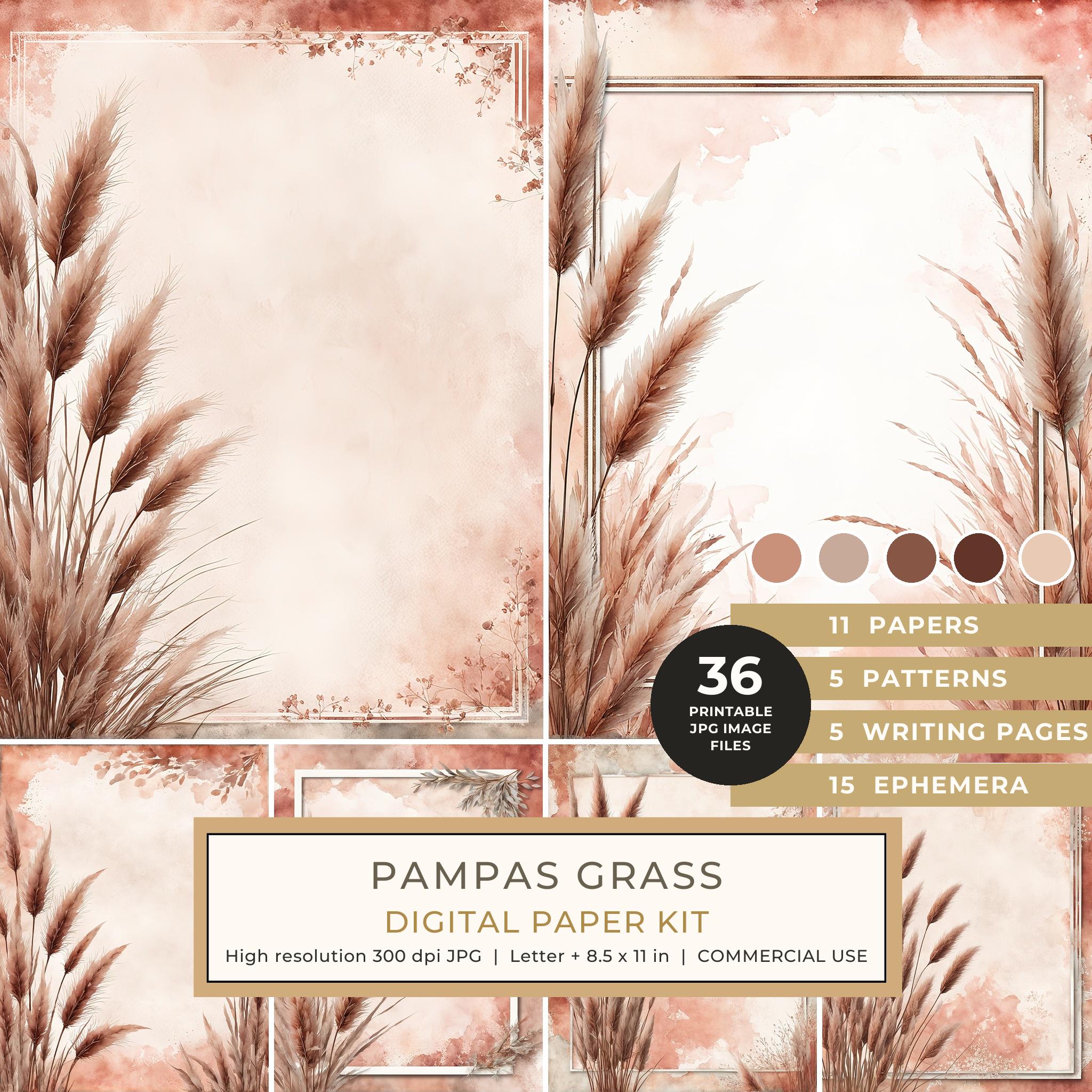 Pampas Grass Watercolor Digital Paper Kit: Printable Papers, Cards, Tags, Ephemera - Commercial Use
