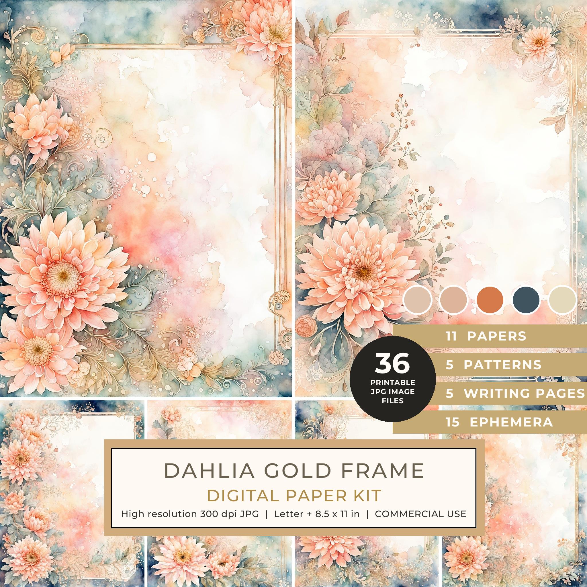 Dahlia Gold Frame Watercolor Digital Paper Kit: Printable Papers, Cards, Tags, Ephemera