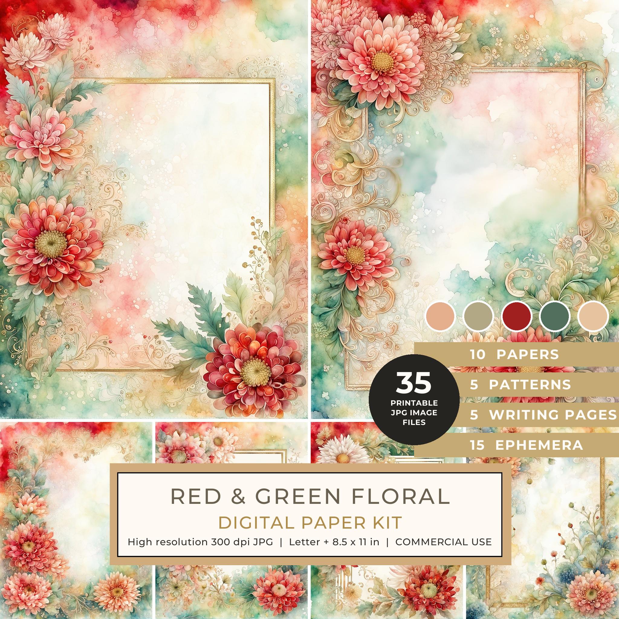 Red and Green Floral Watercolor Digital Paper Kit: Printable Papers, Cards, Tags, Ephemera