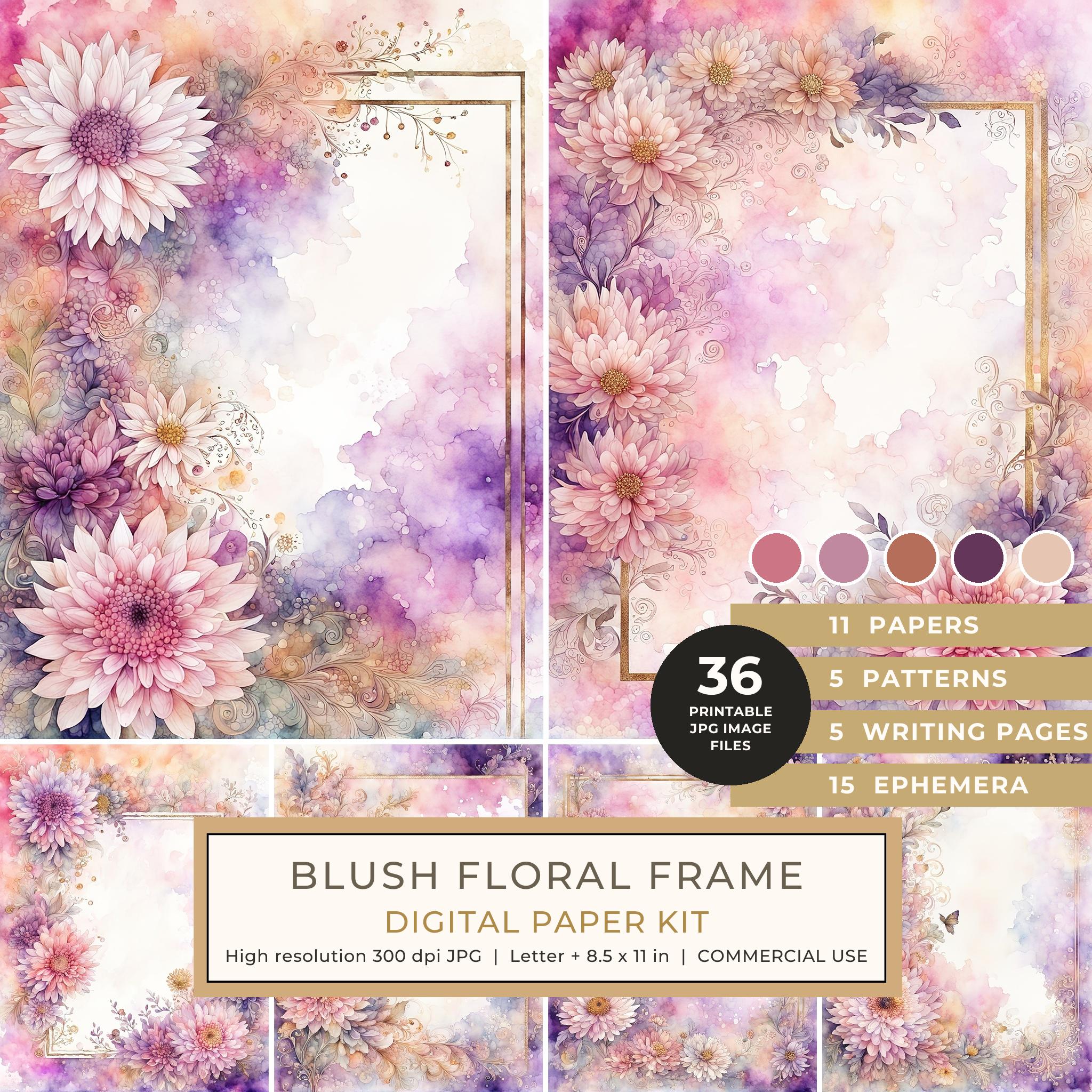 Blush Floral Frame Watercolor Digital Paper Kit: Printable Papers, Cards, Tags, Ephemera