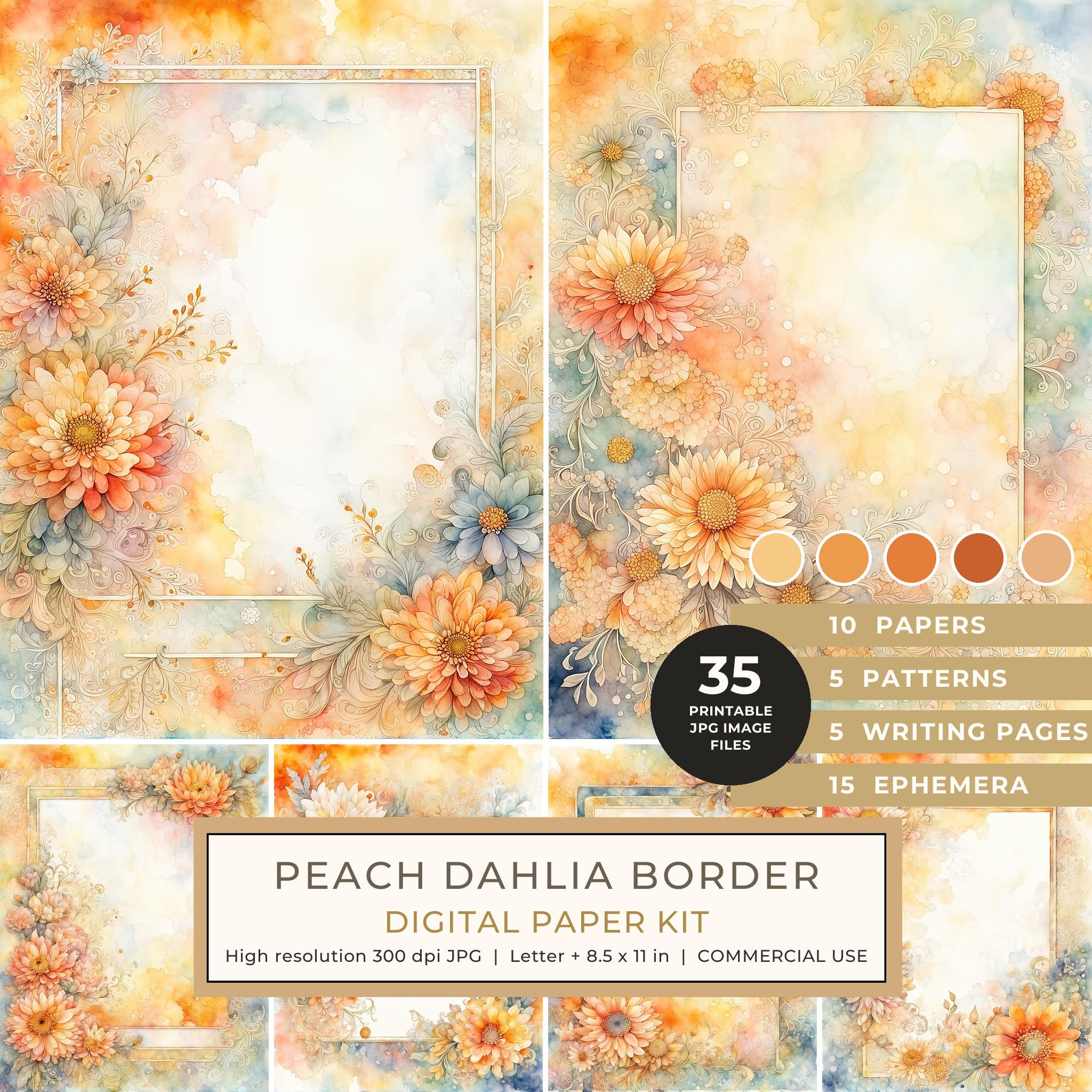 Peach Dahlia Border Watercolor Digital Paper Kit: Printable Papers, Cards, Tags, Ephemera