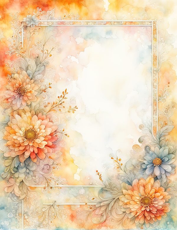 Peach Dahlia Border Watercolor Digital Paper Kit: Printable Papers, Cards, Tags, Ephemera — image 1