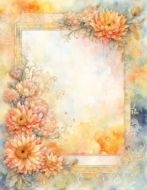 Peach Dahlia Border Watercolor Digital Paper Kit: Printable Papers, Cards, Tags, Ephemera — image 3
