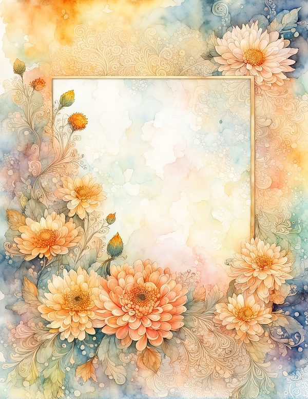 Peach Dahlia Border Watercolor Digital Paper Kit: Printable Papers, Cards, Tags, Ephemera — image 7