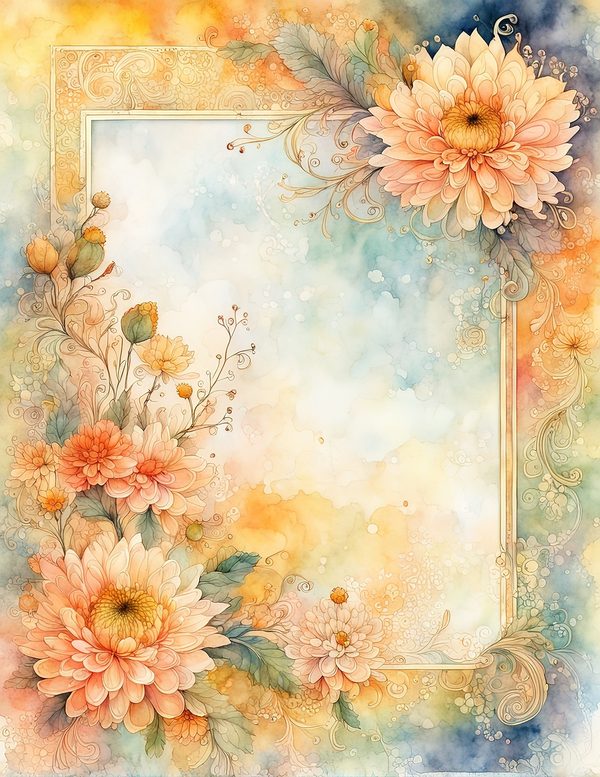 Peach Dahlia Border Watercolor Digital Paper Kit: Printable Papers, Cards, Tags, Ephemera — image 8