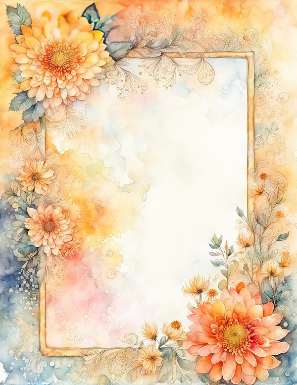 Peach Dahlia Border Watercolor Digital Paper Kit: Printable Papers, Cards, Tags, Ephemera — image 9