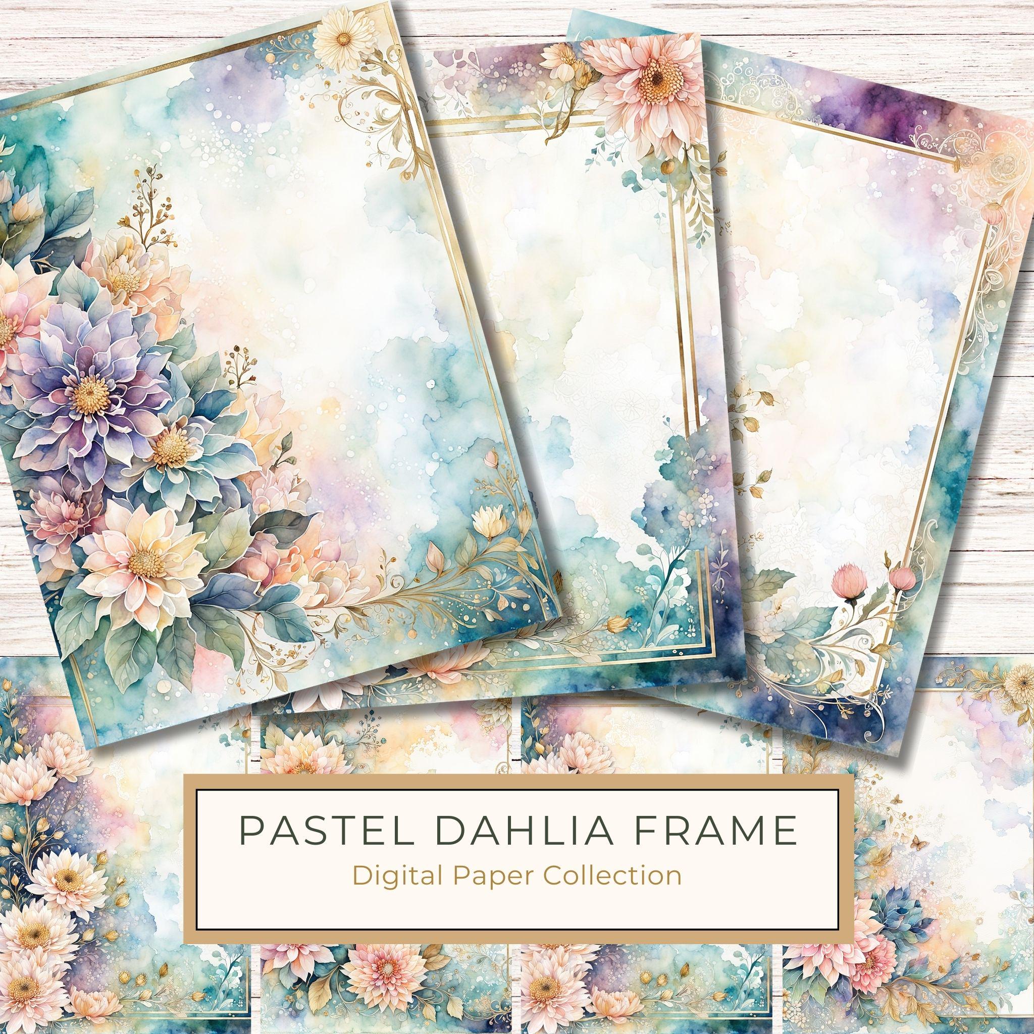 Dahlia Watercolor Paper Pack: Soft Blue Floral Frames 10 JPGs (Digital Download)