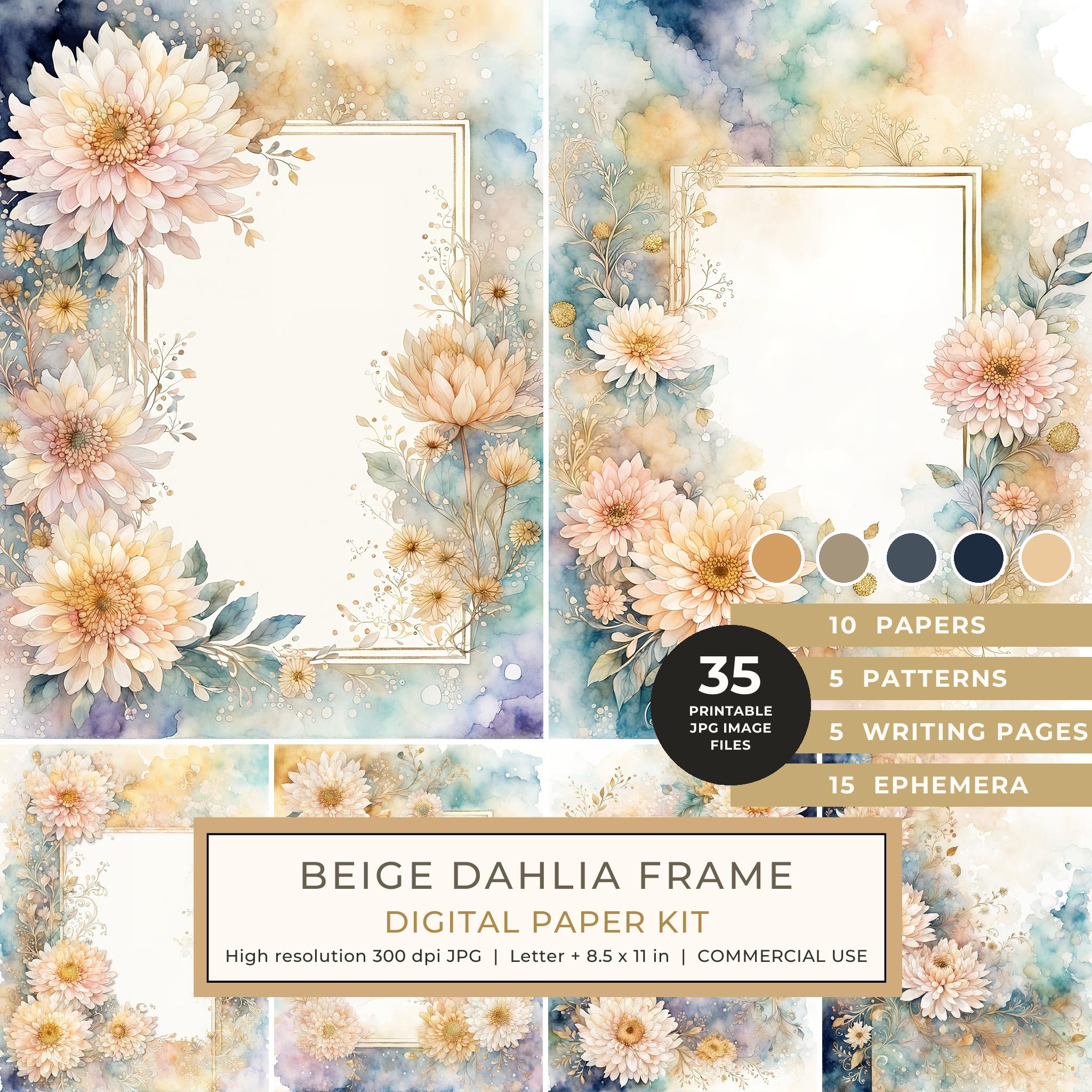 Beige Dahlia Frame Watercolor Digital Paper Kit: Printable Papers, Cards, Tags, Ephemera