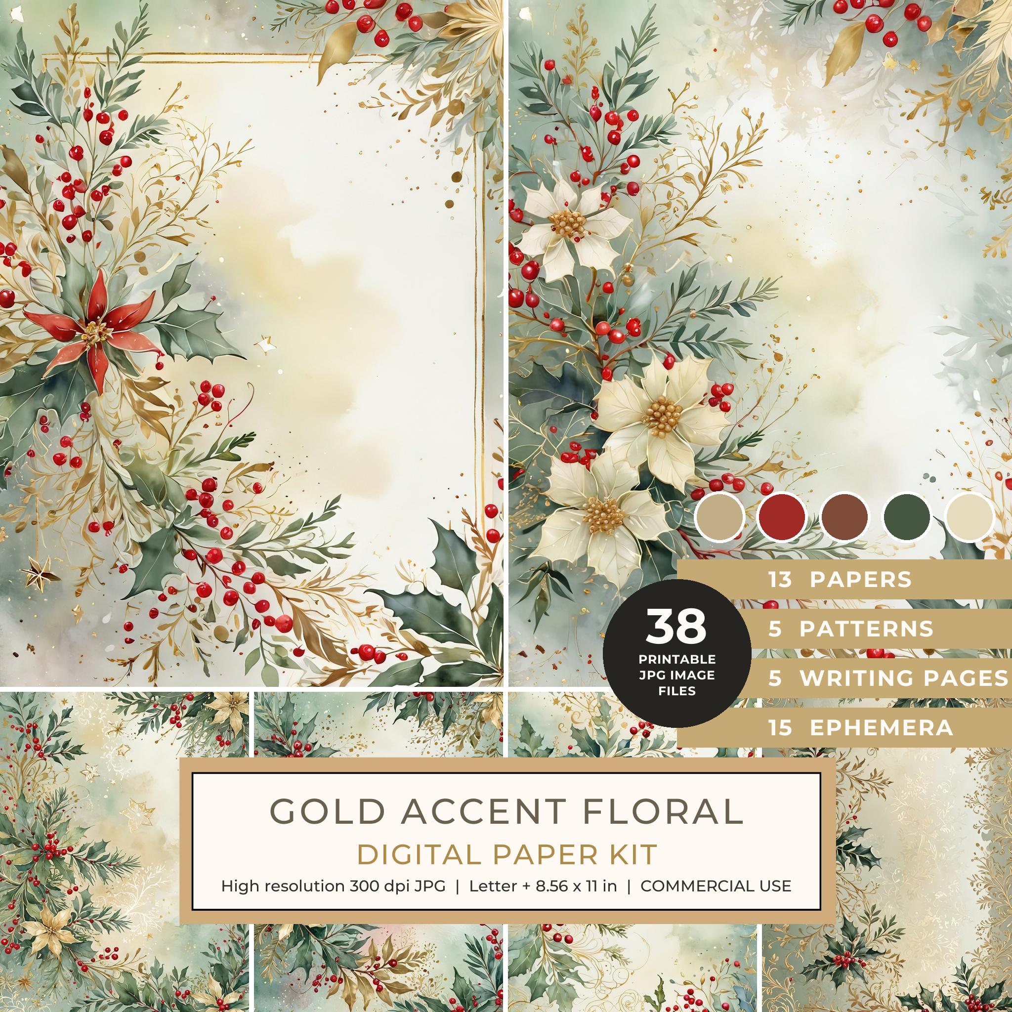 Gold Accent Floral Watercolor Digital Paper Kit: Printable Papers, Cards, Tags, Ephemera