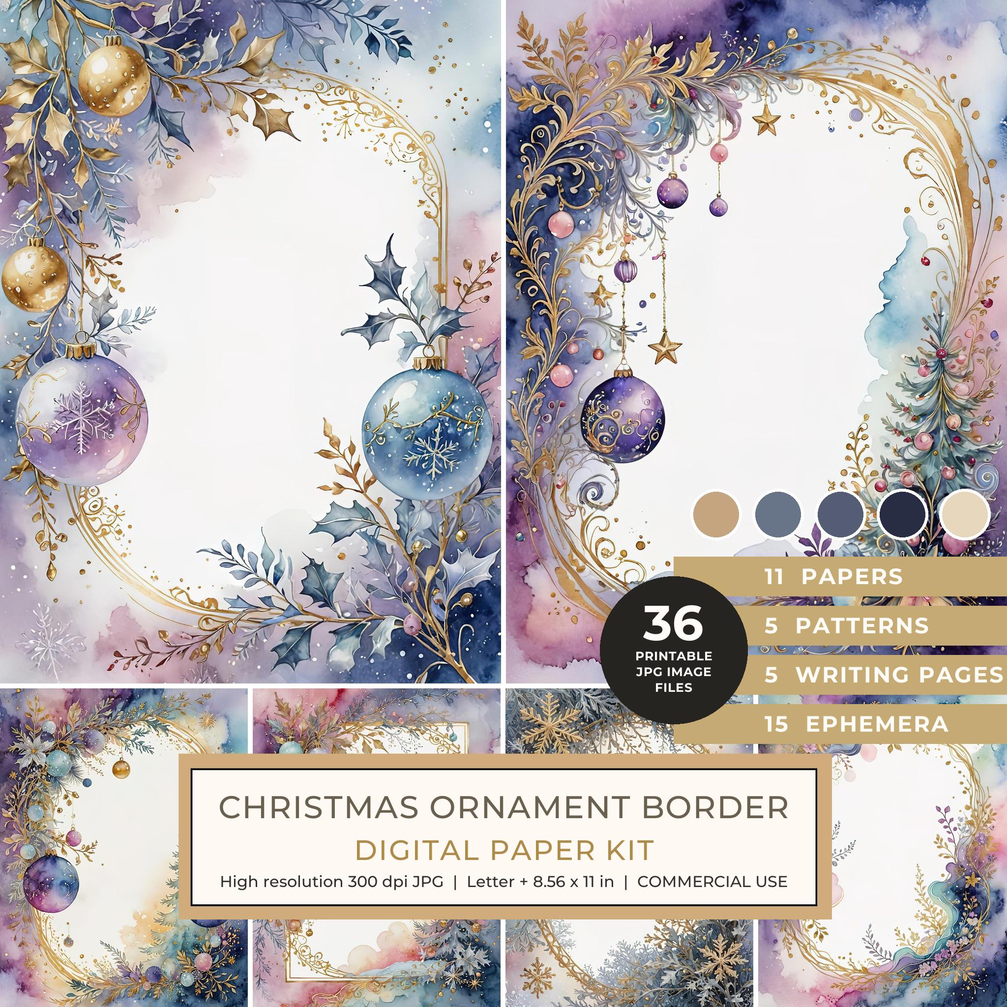 Christmas Ornament Border Watercolor Digital Paper Kit: Printable Papers, Cards, Tags, Ephemera